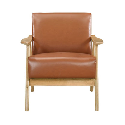 Benjara Indy Accent Club Armchair, Faux Leather, Natural Brown Solid Wood