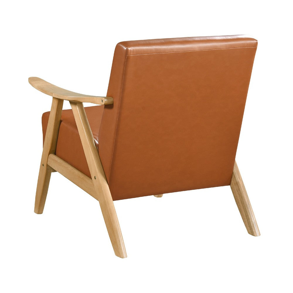 Benjara Indy Accent Club Armchair, Faux Leather, Natural Brown Solid Wood