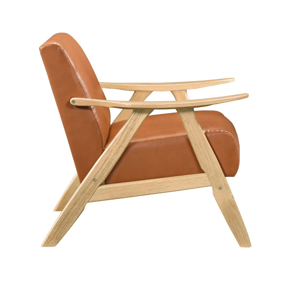 Benjara Indy Accent Club Armchair, Faux Leather, Natural Brown Solid Wood