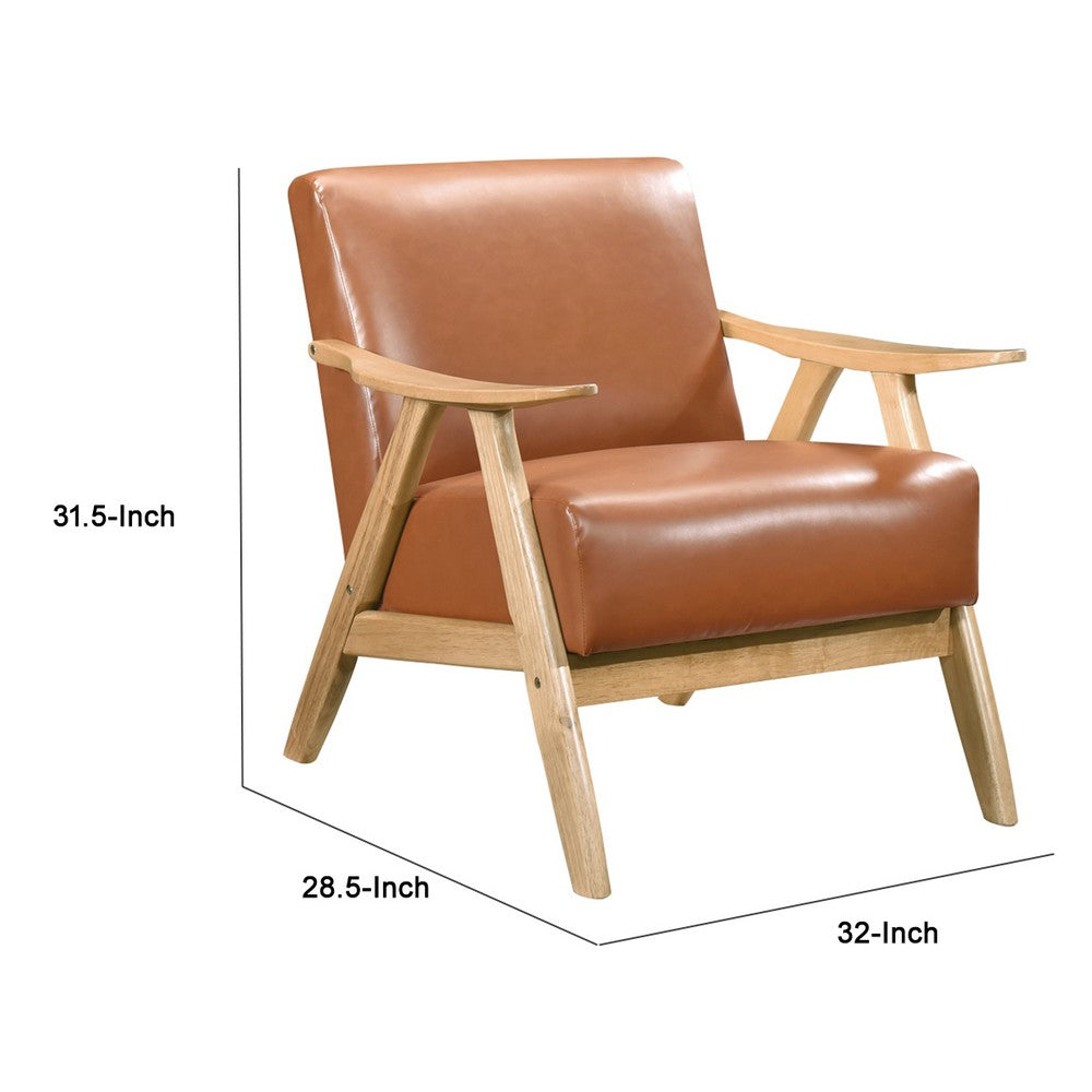 Benjara Indy Accent Club Armchair, Faux Leather, Natural Brown Solid Wood
