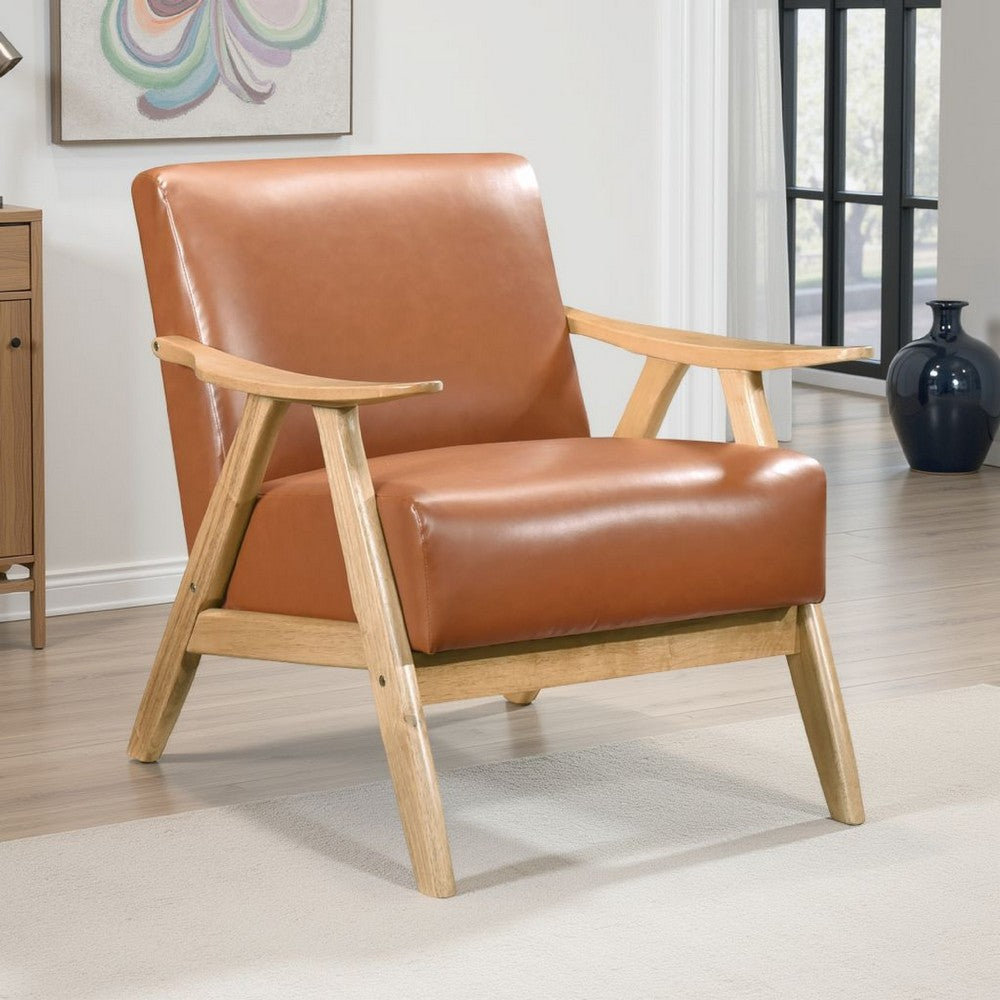 Benjara Indy Accent Club Armchair, Faux Leather, Natural Brown Solid Wood