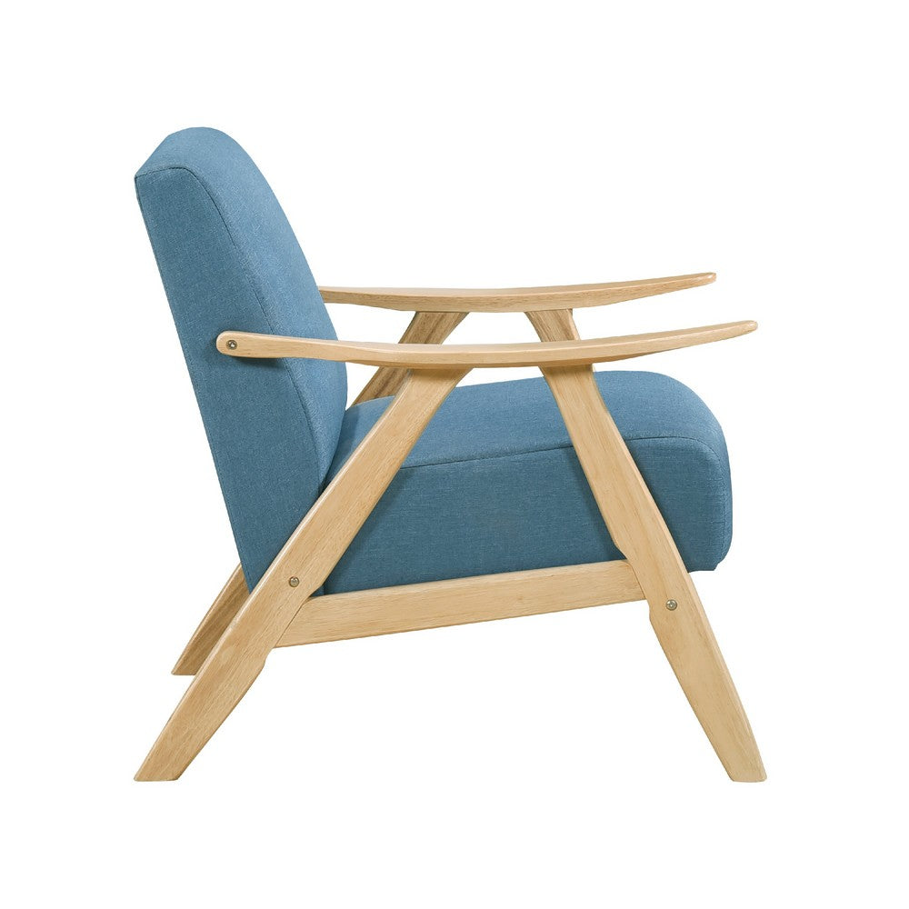 Benjara Indy Accent Club Armchair, Blue Textured, Solid Rubberwood Frame
