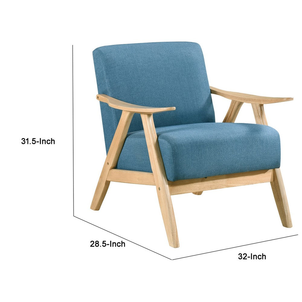 Benjara Indy Accent Club Armchair, Blue Textured, Solid Rubberwood Frame