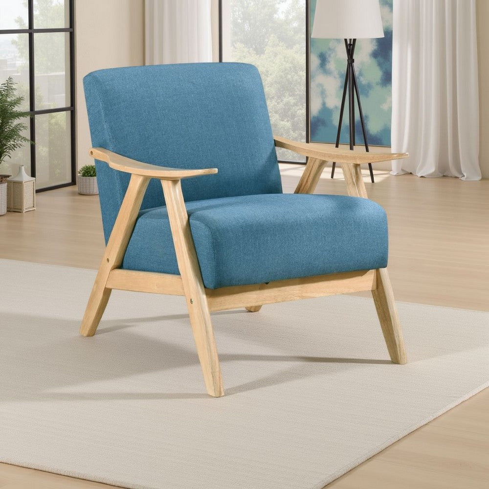Benjara Indy Accent Club Armchair, Blue Textured, Solid Rubberwood Frame