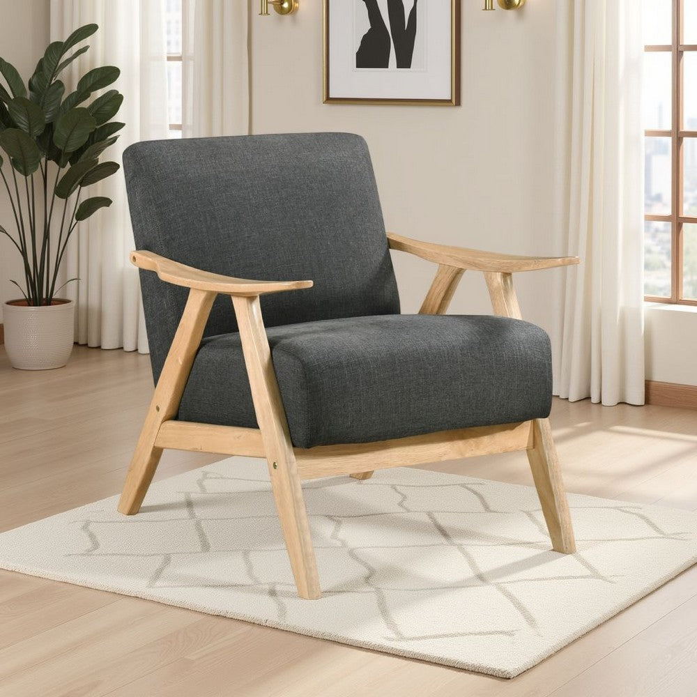 Benjara Indy Accent Club Armchair, Dark Gray Textured, Solid Rubberwood Frame