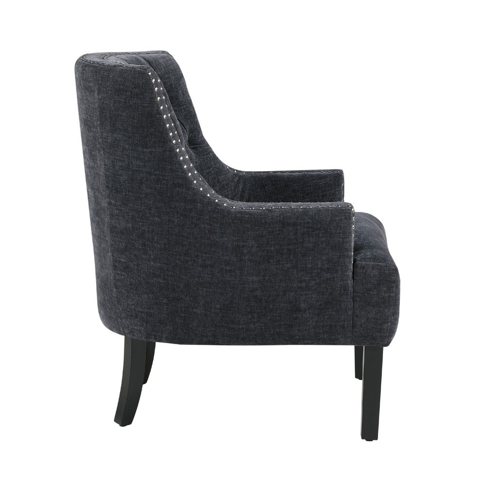 Benjara Daisie Accent Armchair, Button Tufted Black Chenille, Solid Wood