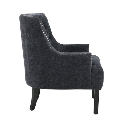 Benjara Daisie Accent Armchair, Button Tufted Black Chenille, Solid Wood