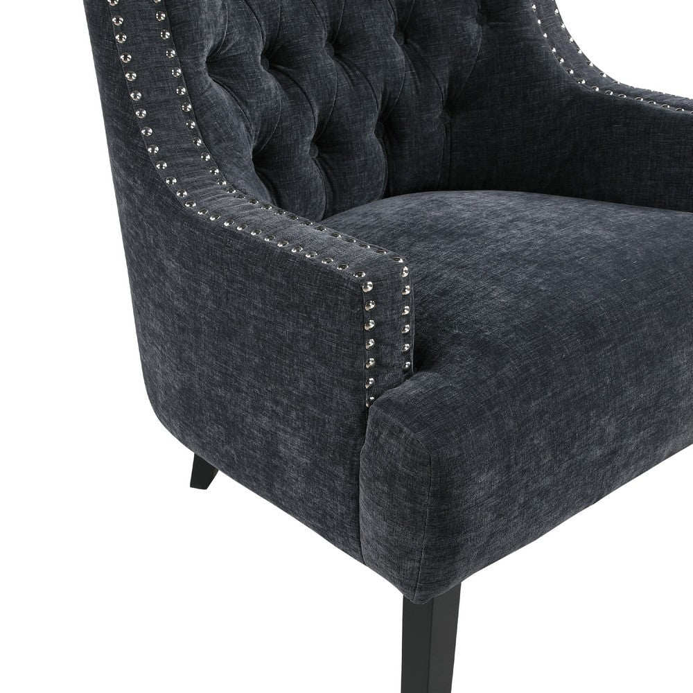 Benjara Daisie Accent Armchair, Button Tufted Black Chenille, Solid Wood