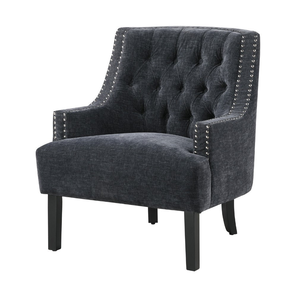 Benjara Daisie Accent Armchair, Button Tufted Black Chenille, Solid Wood
