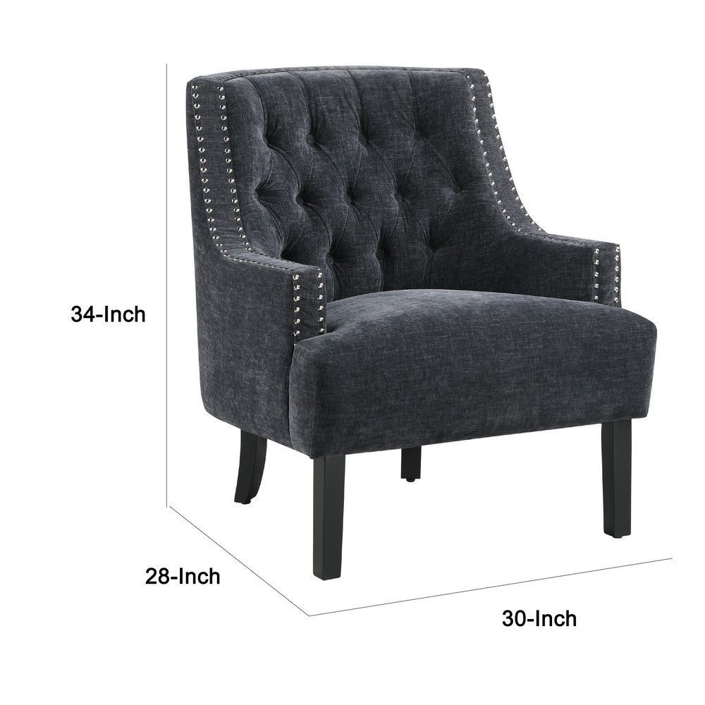 Benjara Daisie Accent Armchair, Button Tufted Black Chenille, Solid Wood
