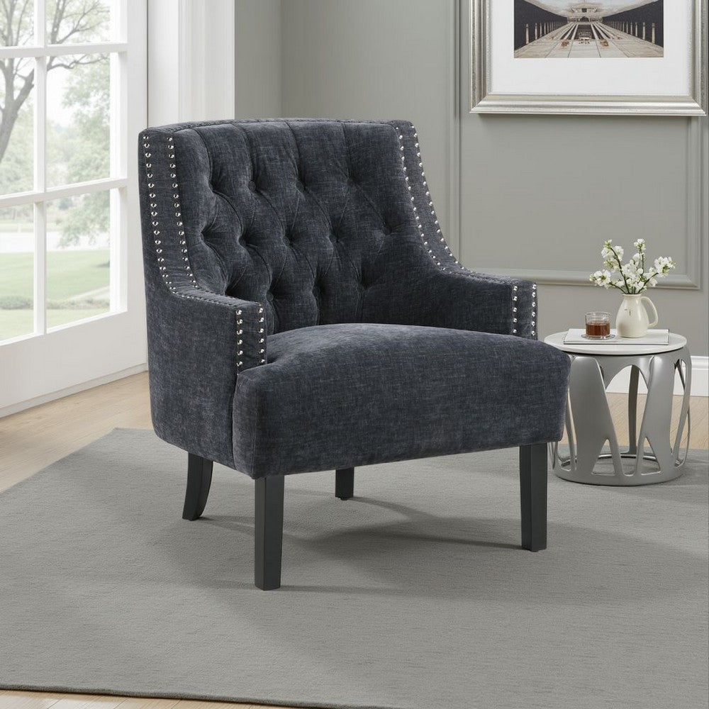 Benjara Daisie Accent Armchair, Button Tufted Black Chenille, Solid Wood