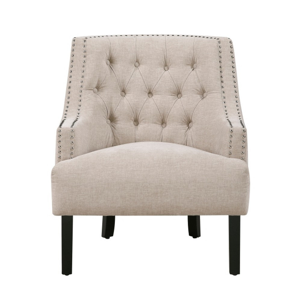 Benjara Daisie Accent Armchair, Button Tufted Beige Chenille, Solid Wood