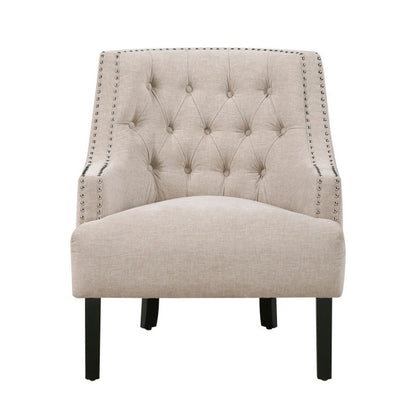 Benjara Daisie Accent Armchair, Button Tufted Beige Chenille, Solid Wood