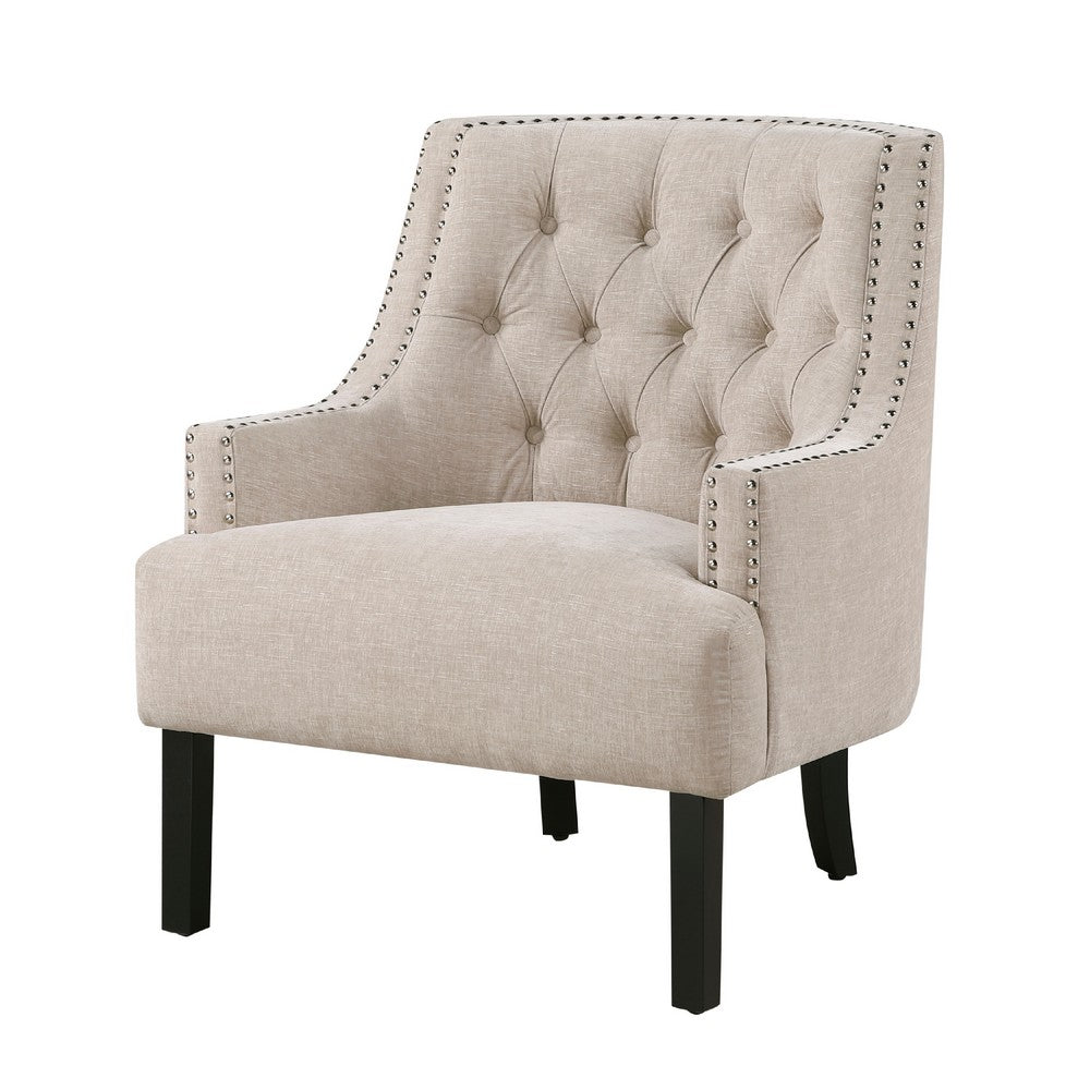 Benjara Daisie Accent Armchair, Button Tufted Beige Chenille, Solid Wood