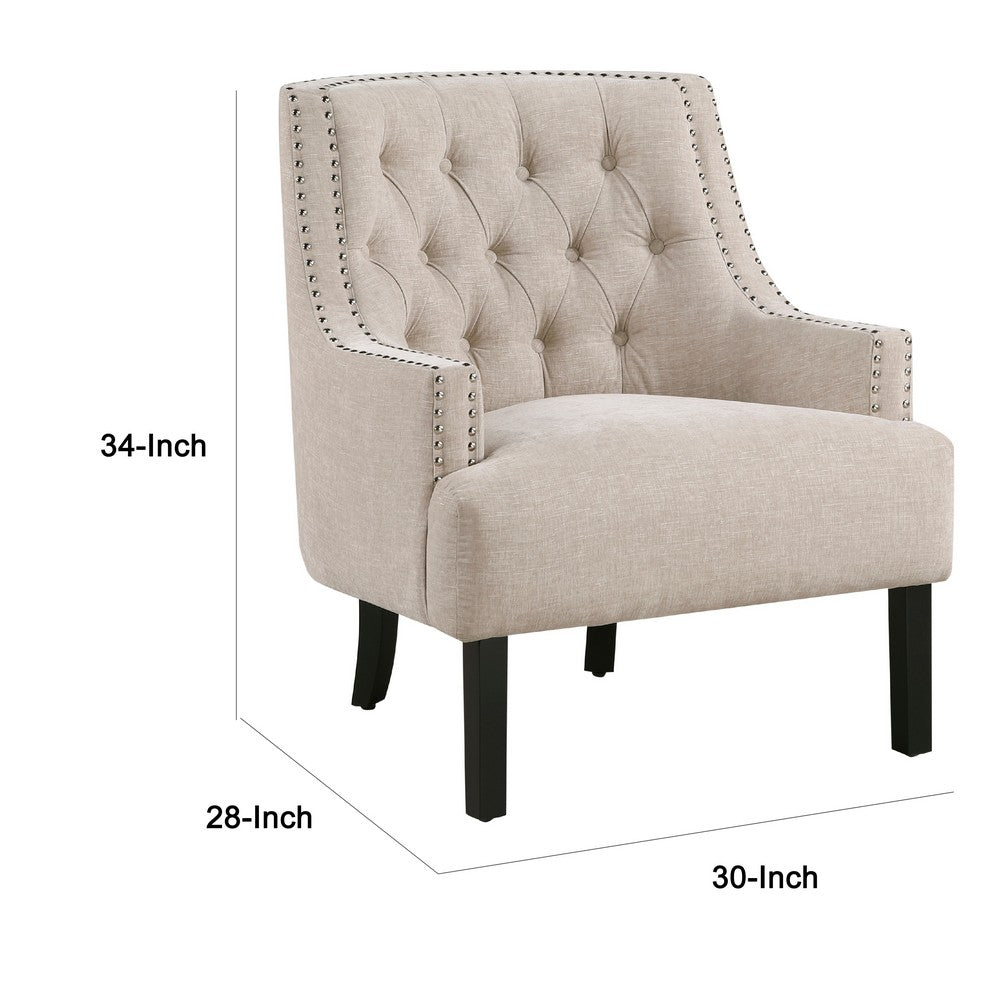 Benjara Daisie Accent Armchair, Button Tufted Beige Chenille, Solid Wood