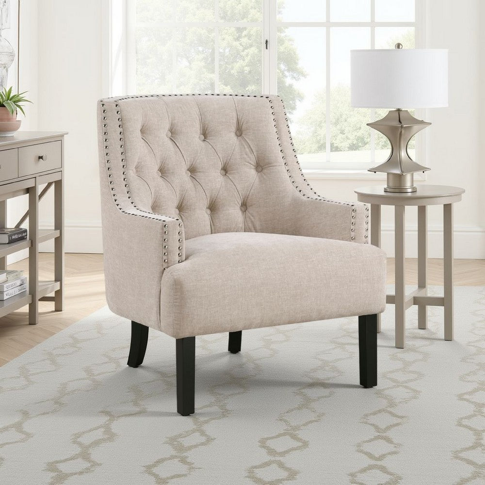 Benjara Daisie Accent Armchair, Button Tufted Beige Chenille, Solid Wood