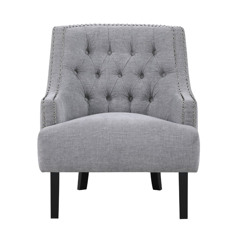 Benjara Daisie Accent Armchair, Button Tufted Gray Chenille, Solid Wood