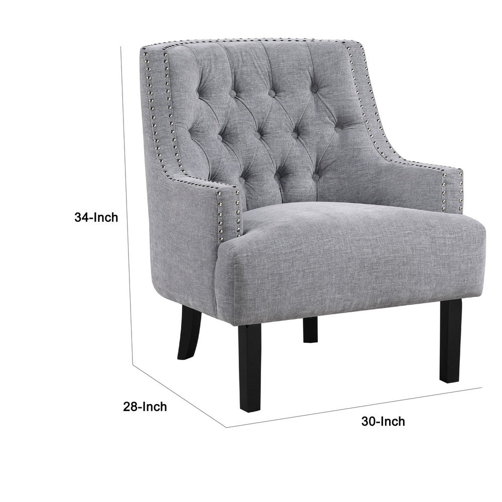Benjara Daisie Accent Armchair, Button Tufted Gray Chenille, Solid Wood