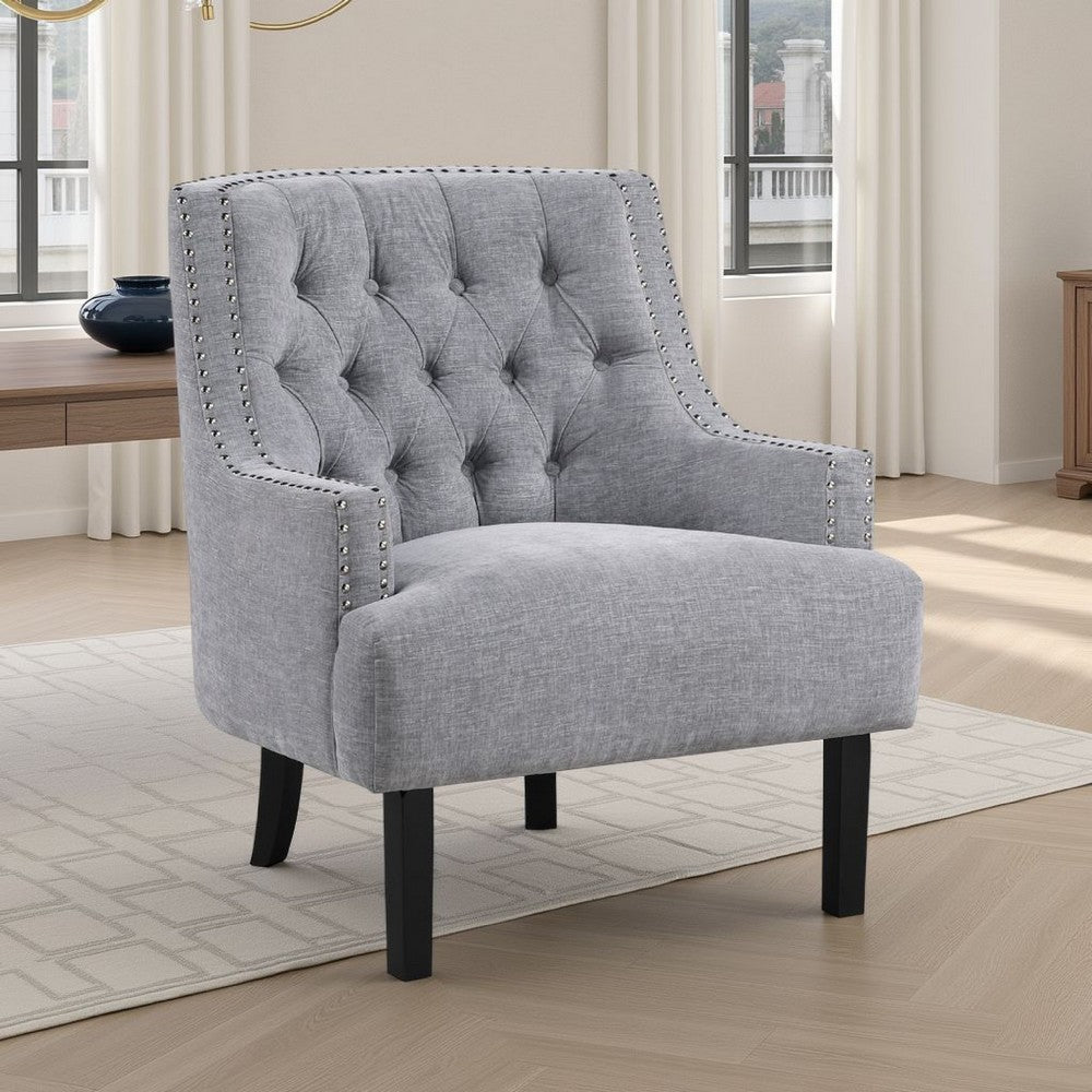 Benjara Daisie Accent Armchair, Button Tufted Gray Chenille, Solid Wood