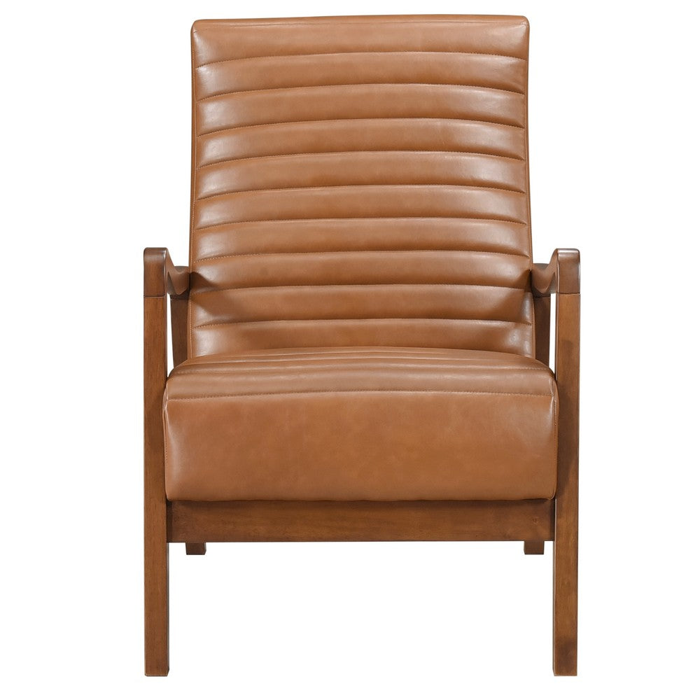 Benjara Gert Accent Chair, Matte Brown Faux Leather, Solid Rubberwood Frame