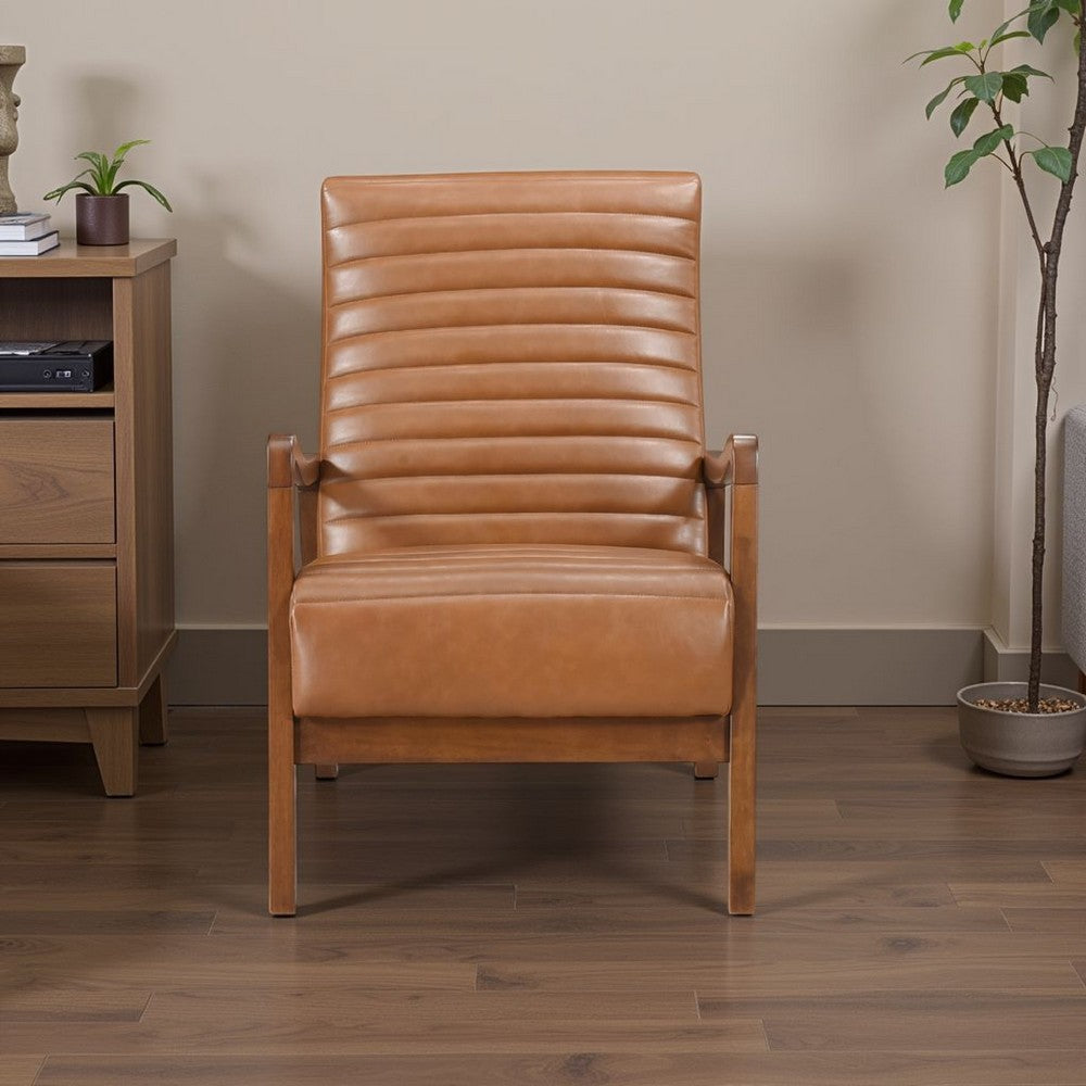 Benjara Gert Accent Chair, Matte Brown Faux Leather, Solid Rubberwood Frame