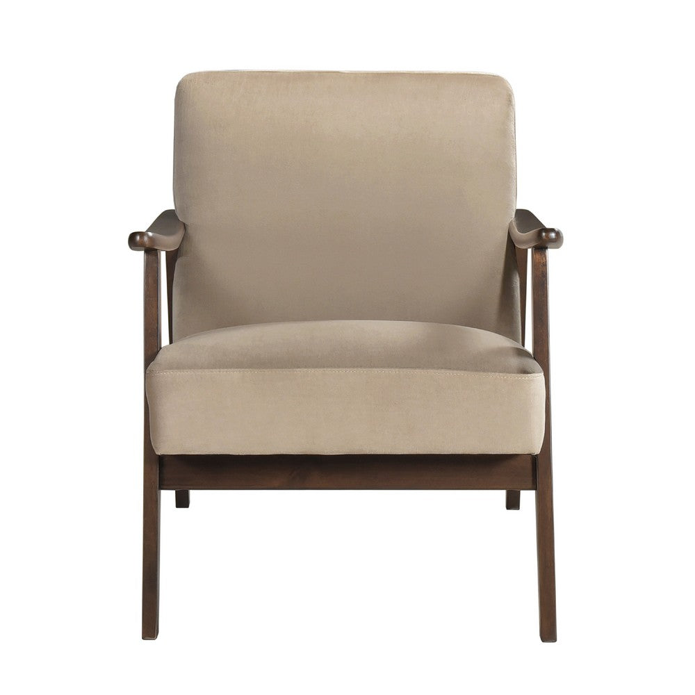 Benjara Vandie Accent Club Chair, Light Brown Velvet, Solid Rubberwood Frame