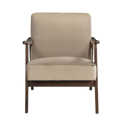 Benjara Vandie Accent Club Chair, Light Brown Velvet, Solid Rubberwood Frame