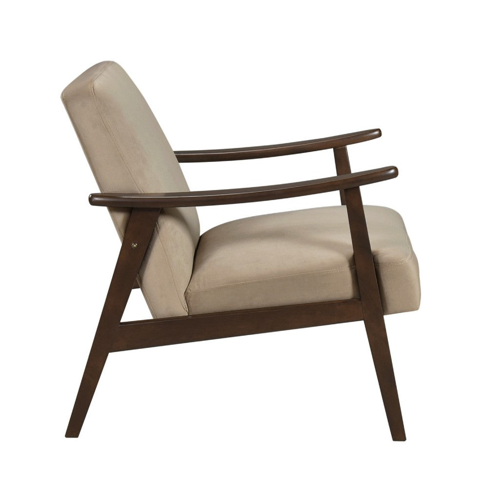 Benjara Vandie Accent Club Chair, Light Brown Velvet, Solid Rubberwood Frame