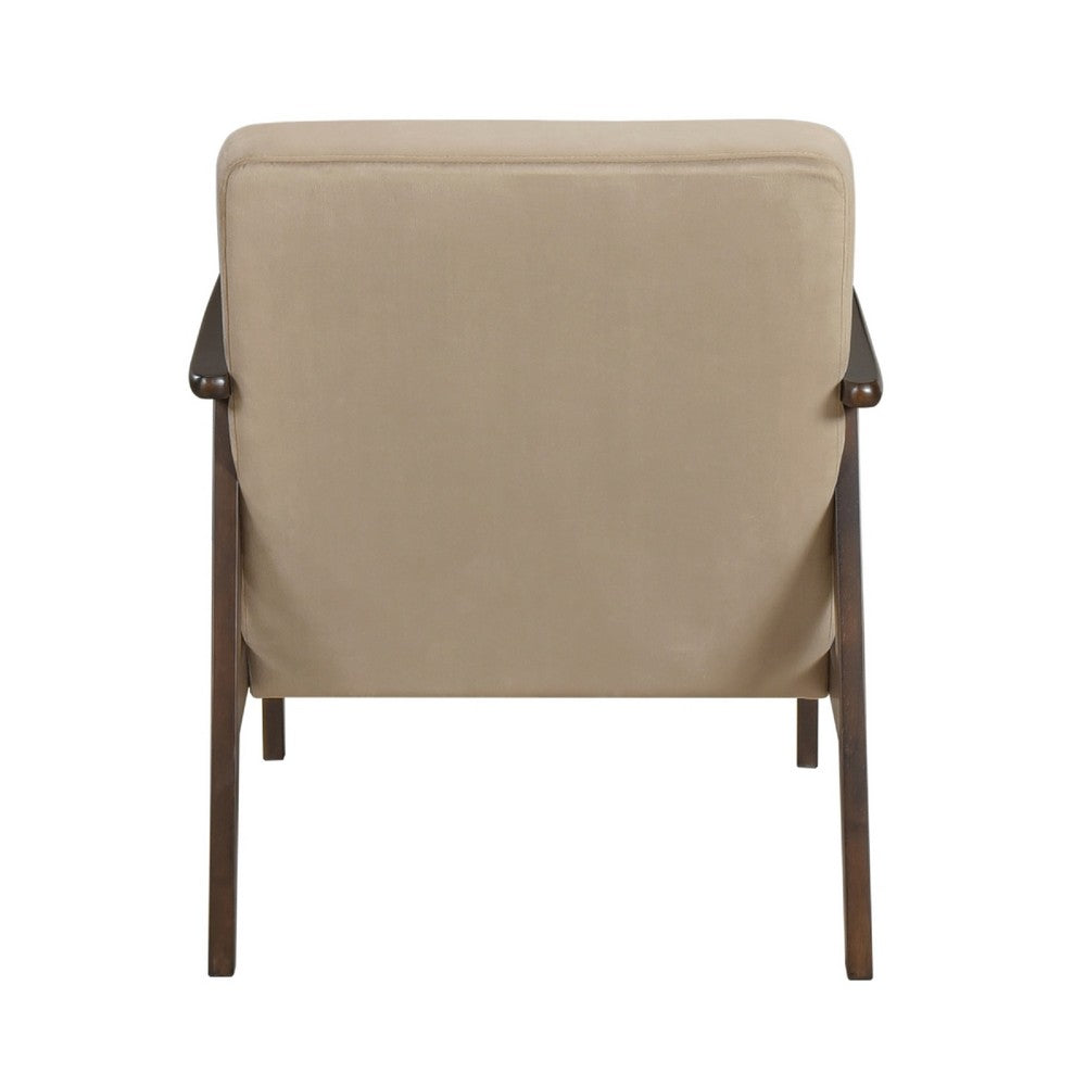 Benjara Vandie Accent Club Chair, Light Brown Velvet, Solid Rubberwood Frame