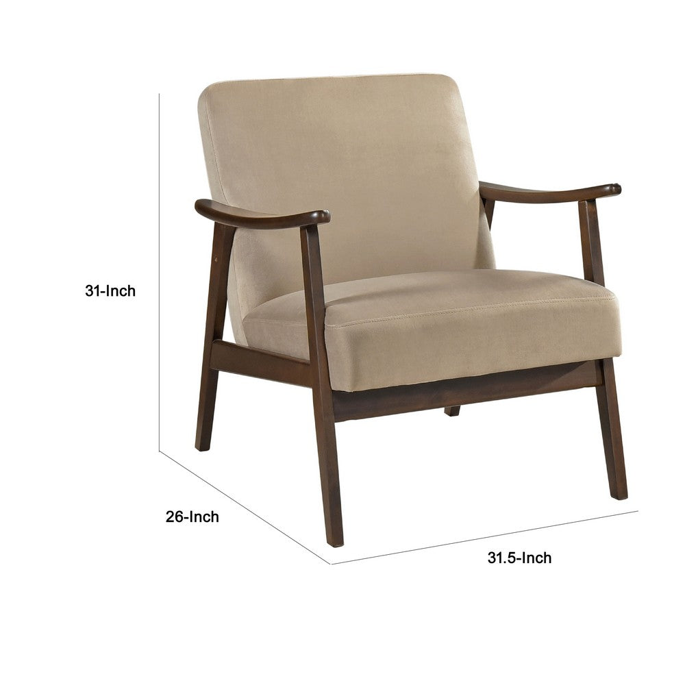 Benjara Vandie Accent Club Chair, Light Brown Velvet, Solid Rubberwood Frame