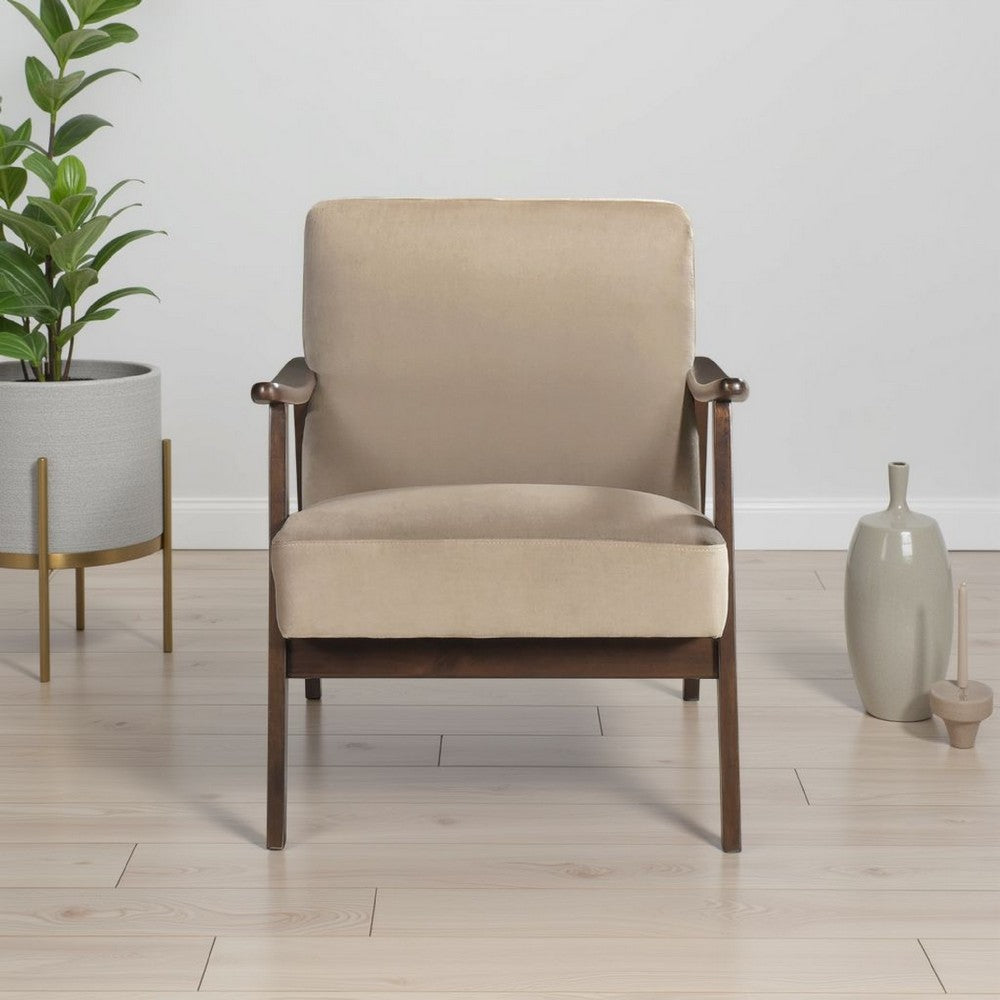 Benjara Vandie Accent Club Chair, Light Brown Velvet, Solid Rubberwood Frame