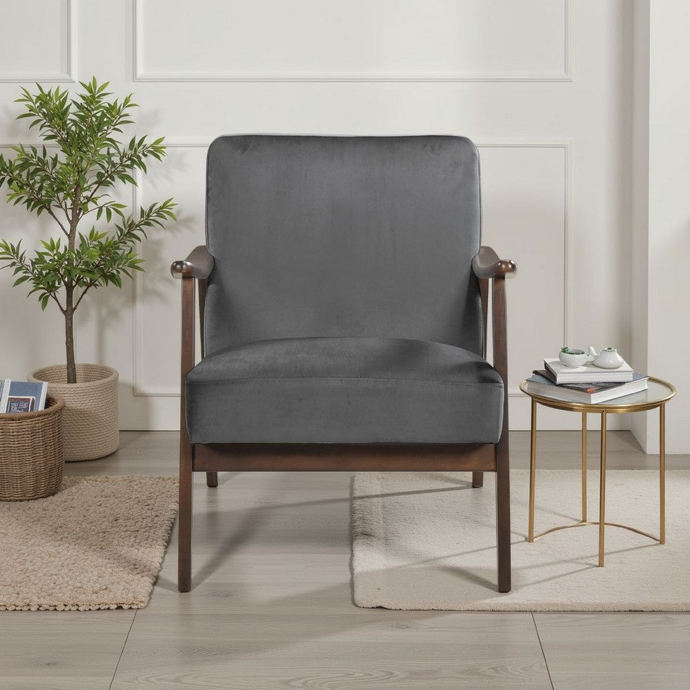 Benjara Vandie Accent Club Chair, Dark Gray Polyester, Solid Rubberwood Frame
