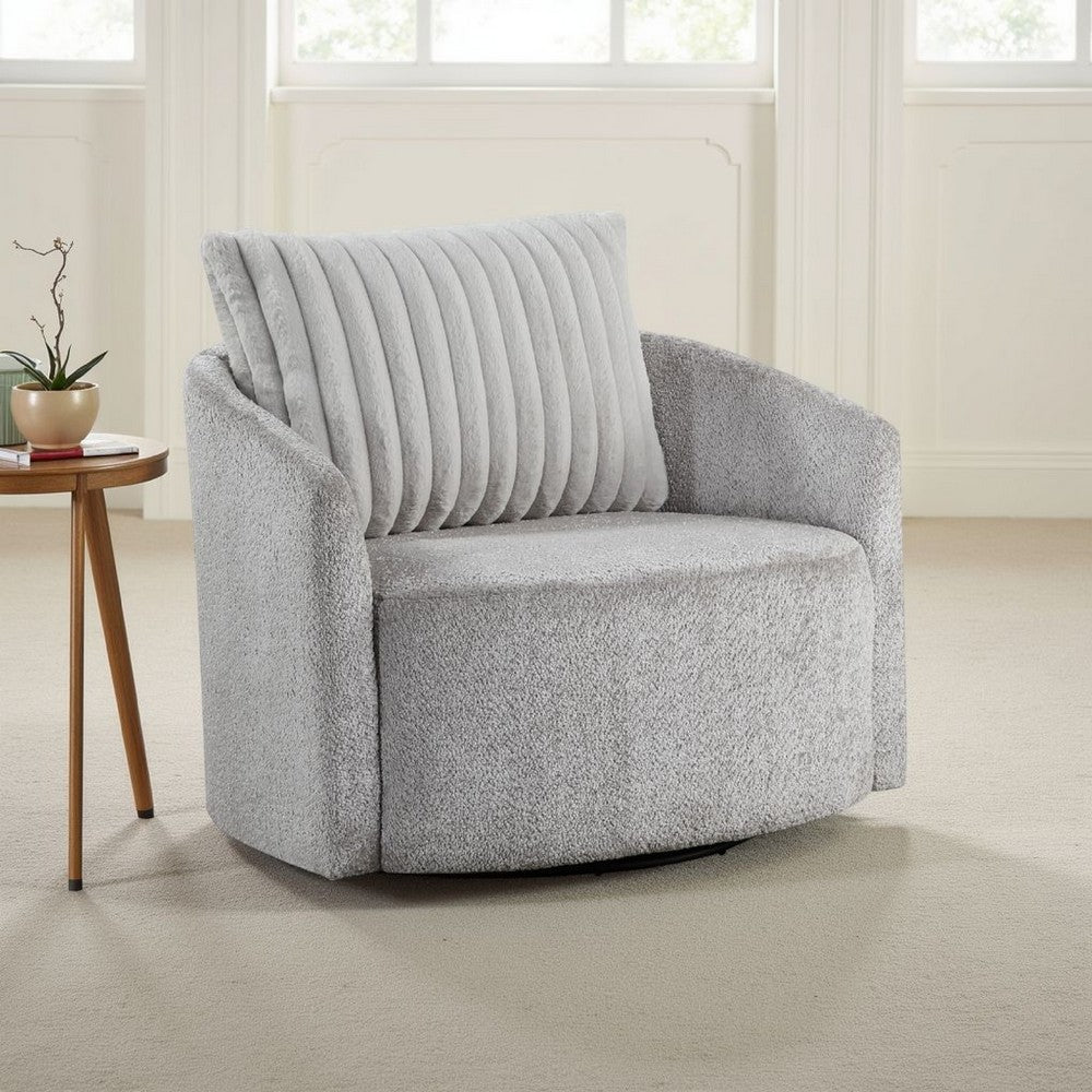 Benjara Vinnie Swivel Armchair, Gray Chenille, Large Corduroy Back Pillow