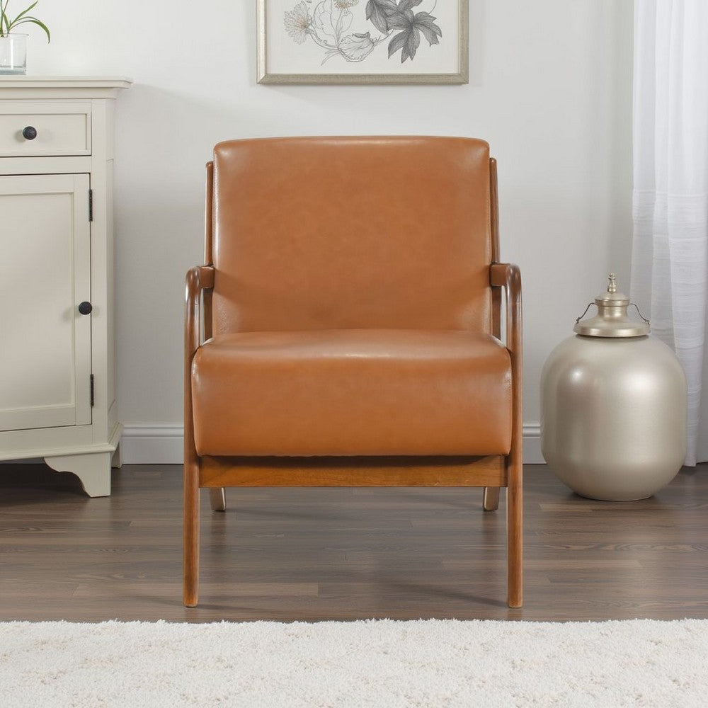 Benjara Howard Accent Club Chair, Matte Brown Faux Leather, Solid Rubberwood