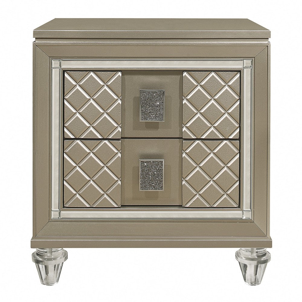Benjara Loy Nightstand, 2 Drawers, Champagne Gold Metallic, Mirror Trim