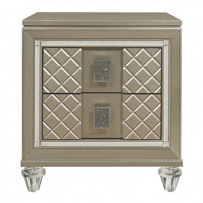 Benjara Loy Nightstand, 2 Drawers, Champagne Gold Metallic, Mirror Trim