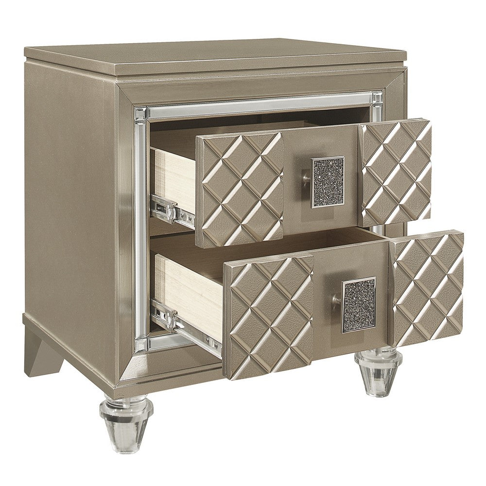 Benjara Loy Nightstand, 2 Drawers, Champagne Gold Metallic, Mirror Trim