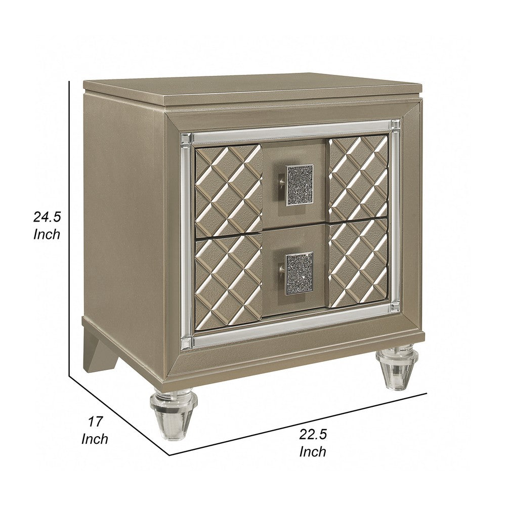 Benjara Loy Nightstand, 2 Drawers, Champagne Gold Metallic, Mirror Trim