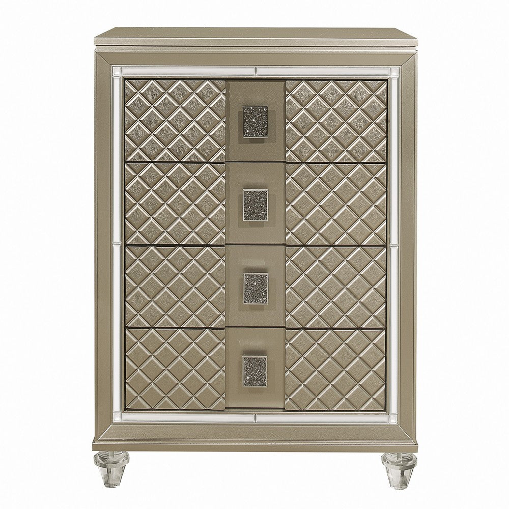 Benjara Loy Tall Dresser Chest, 4 Drawers Champagne Gold Metallic, Mirror Trim