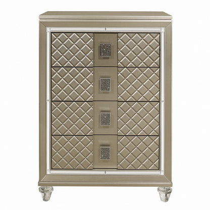 Benjara Loy Tall Dresser Chest, 4 Drawers Champagne Gold Metallic, Mirror Trim