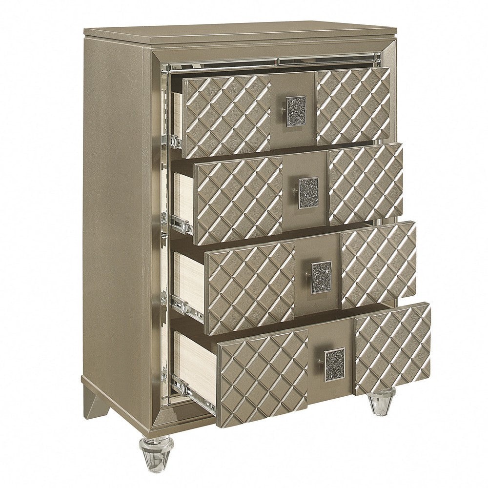 Benjara Loy Tall Dresser Chest, 4 Drawers Champagne Gold Metallic, Mirror Trim