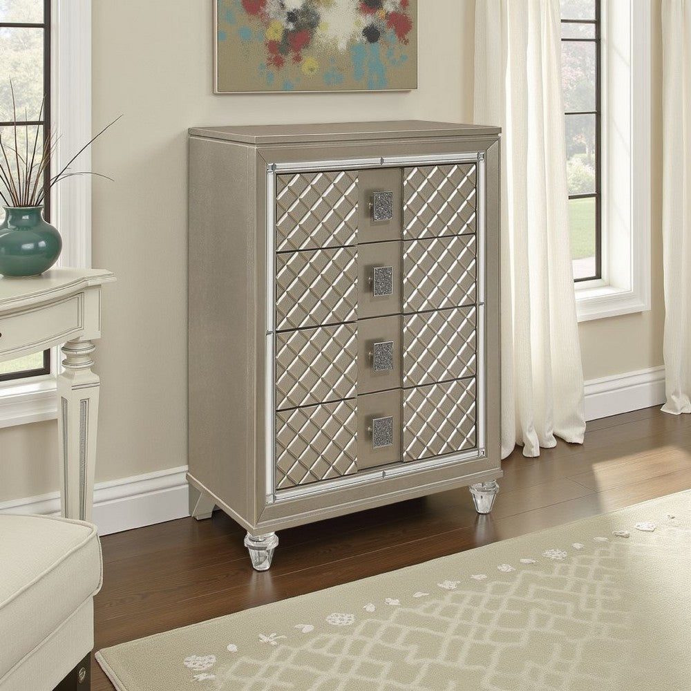Benjara Loy Tall Dresser Chest, 4 Drawers Champagne Gold Metallic, Mirror Trim