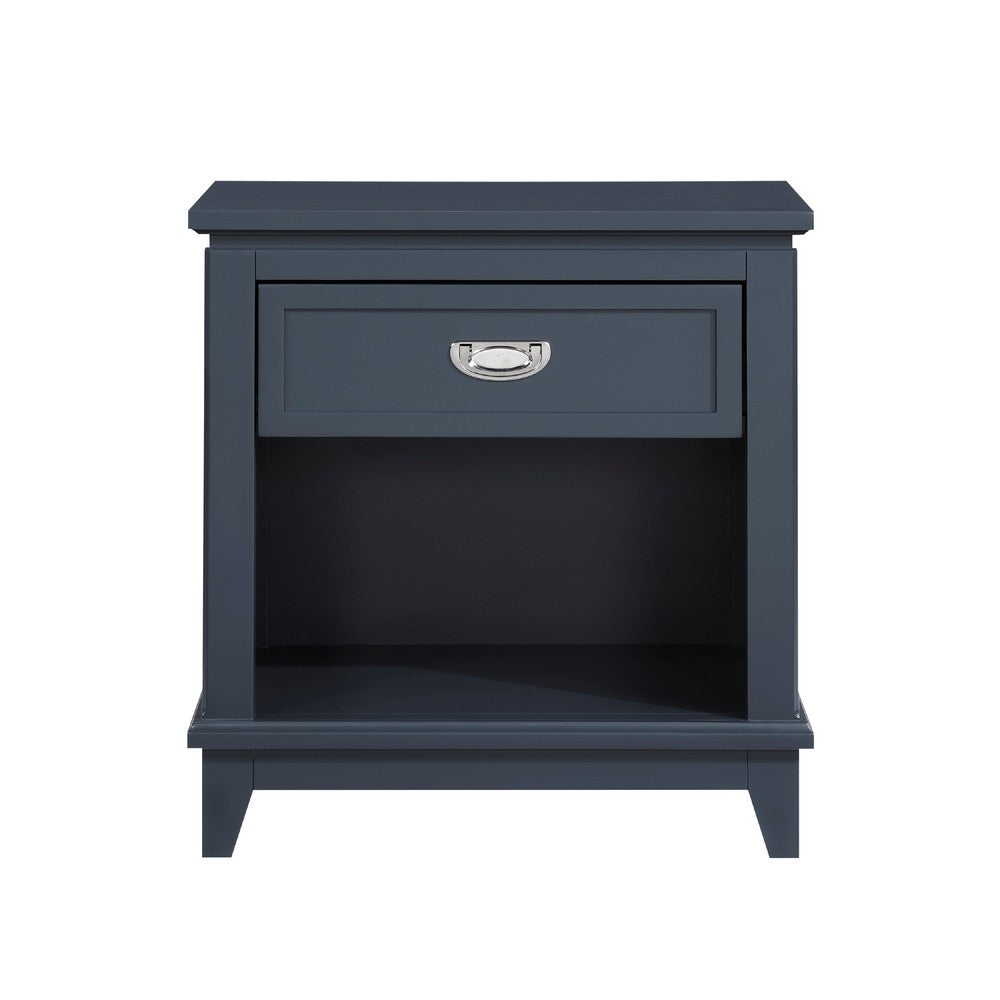 Benjara Sely Nightstand, 1 Drawer w Open Cubby, Navy Blue Wood, Ring Handle