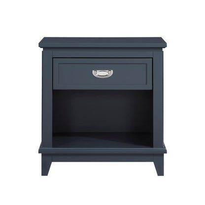 Benjara Sely Nightstand, 1 Drawer w Open Cubby, Navy Blue Wood, Ring Handle