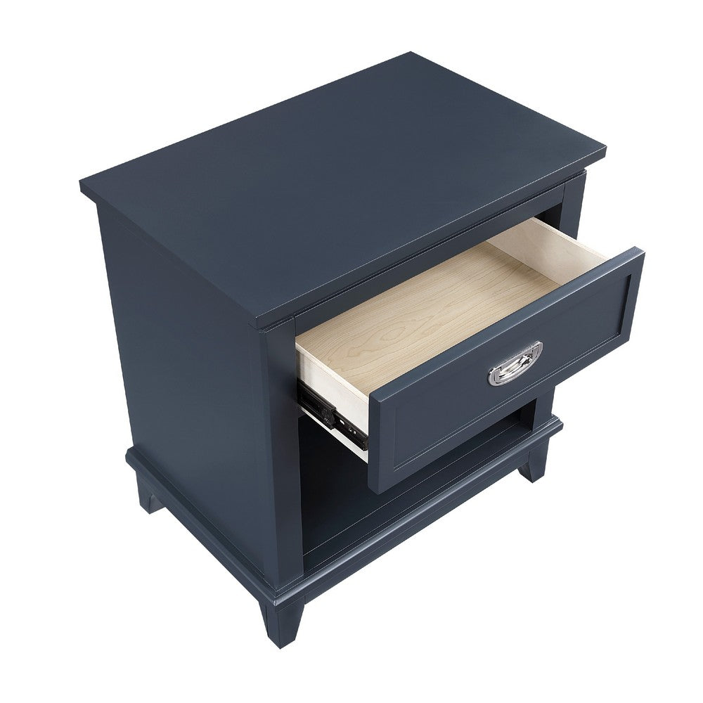 Benjara Sely Nightstand, 1 Drawer w Open Cubby, Navy Blue Wood, Ring Handle