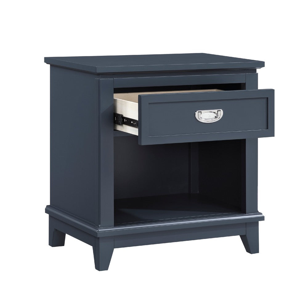 Benjara Sely Nightstand, 1 Drawer w Open Cubby, Navy Blue Wood, Ring Handle