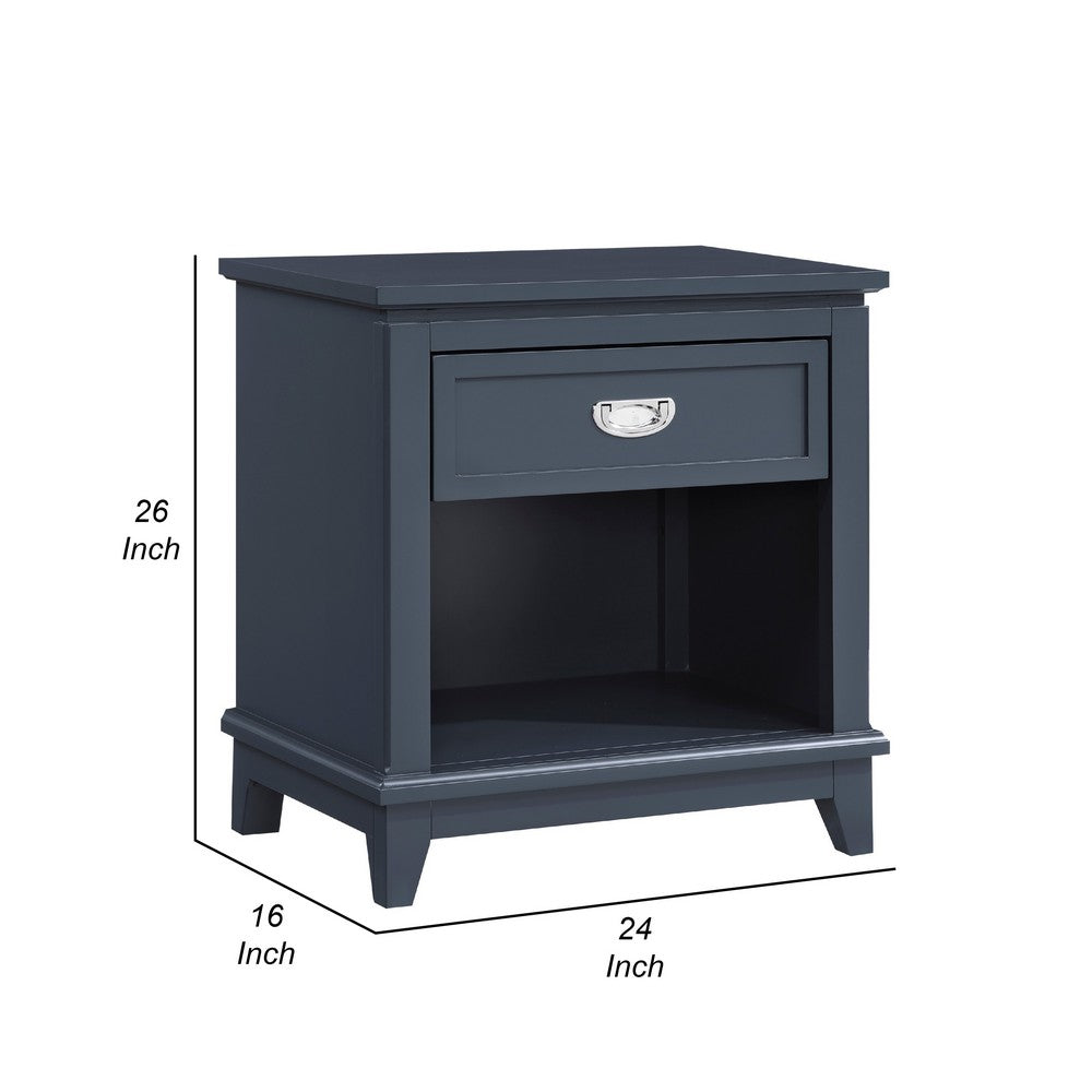 Benjara Sely Nightstand, 1 Drawer w Open Cubby, Navy Blue Wood, Ring Handle