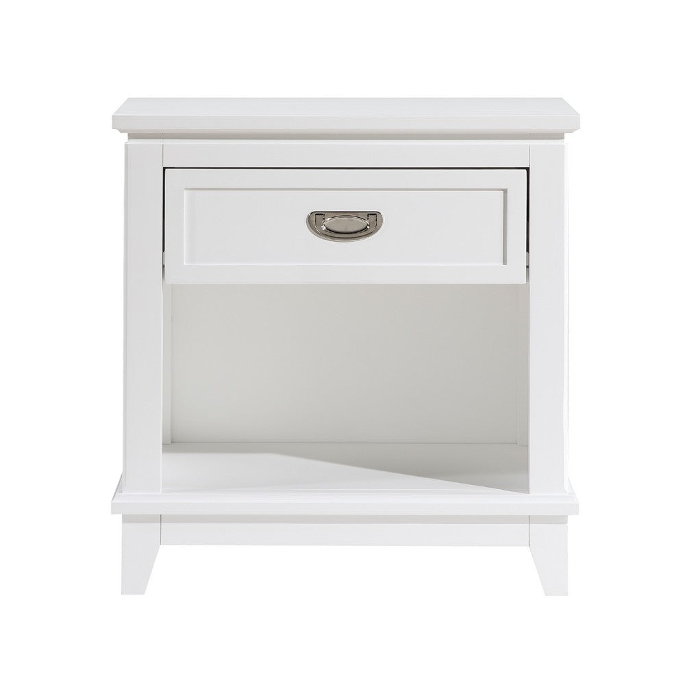 Benjara Sely Nightstand, 1 Drawer w Open Cubby, White Wood, Ring Handle