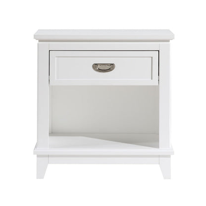 Benjara Sely Nightstand, 1 Drawer w Open Cubby, White Wood, Ring Handle