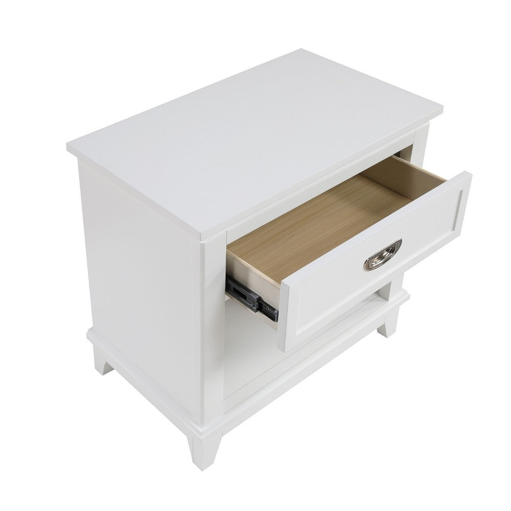 Benjara Sely Nightstand, 1 Drawer w Open Cubby, White Wood, Ring Handle